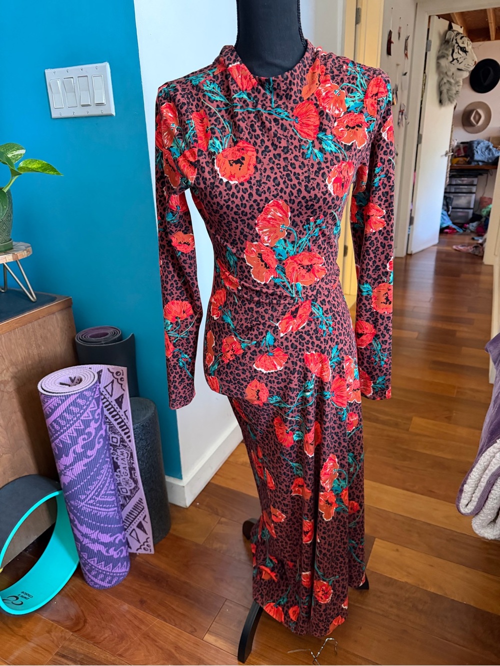 Free People Red Floral Leopard Print Long Sleeve Maxi Dress